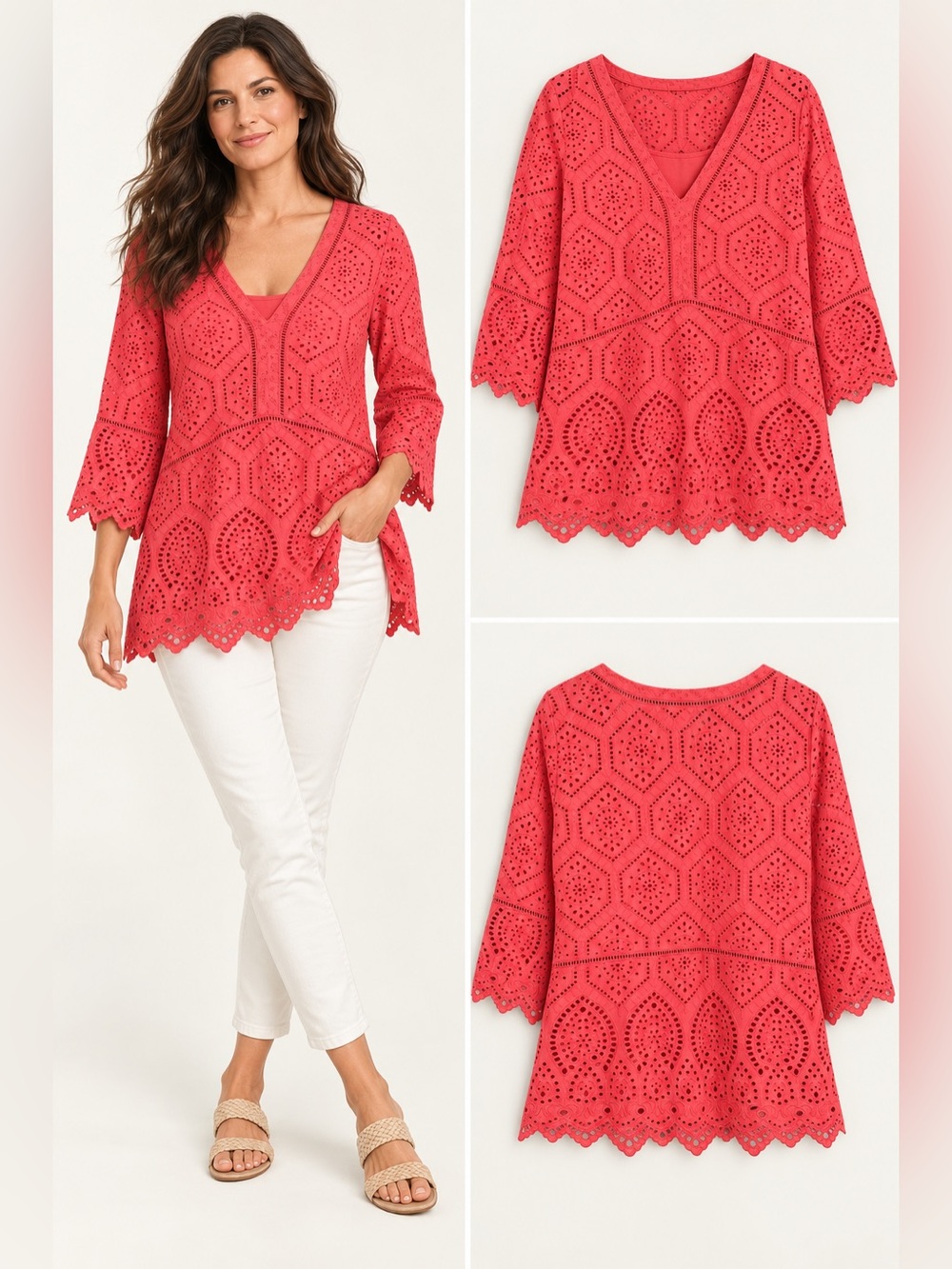 Sundance Belle Du Jour Eyelet Tunic Top Coral Red Size L